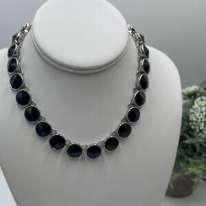 White House Black Market Silver Tone Black Faceted Rhinestone Necklace